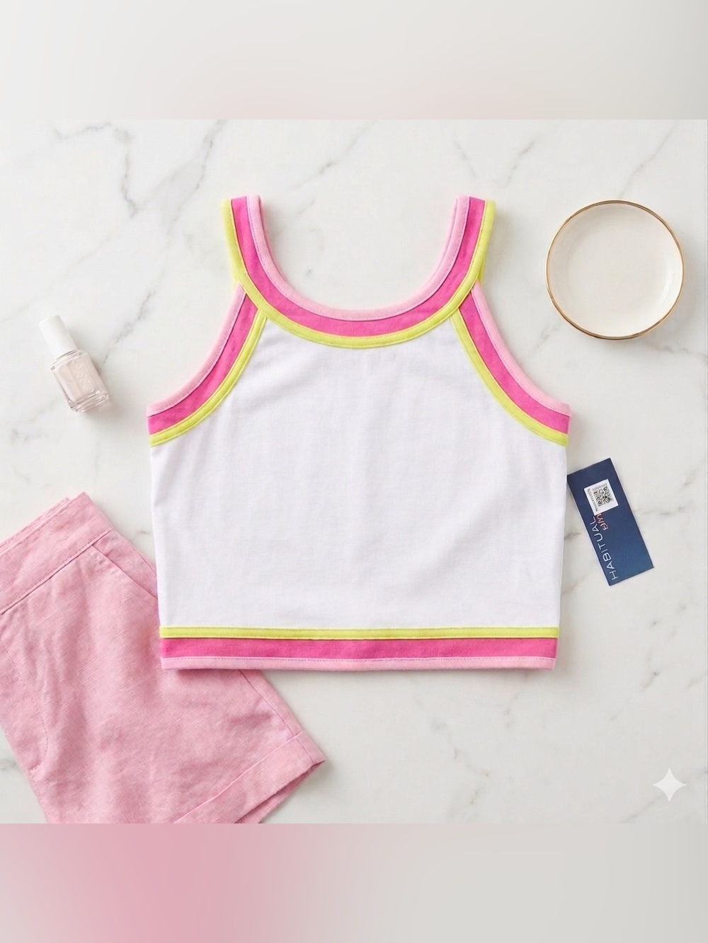 NWT Habitual Girl Crop Tank Top Size 12 White Pink Lime Contrast Binding Trim